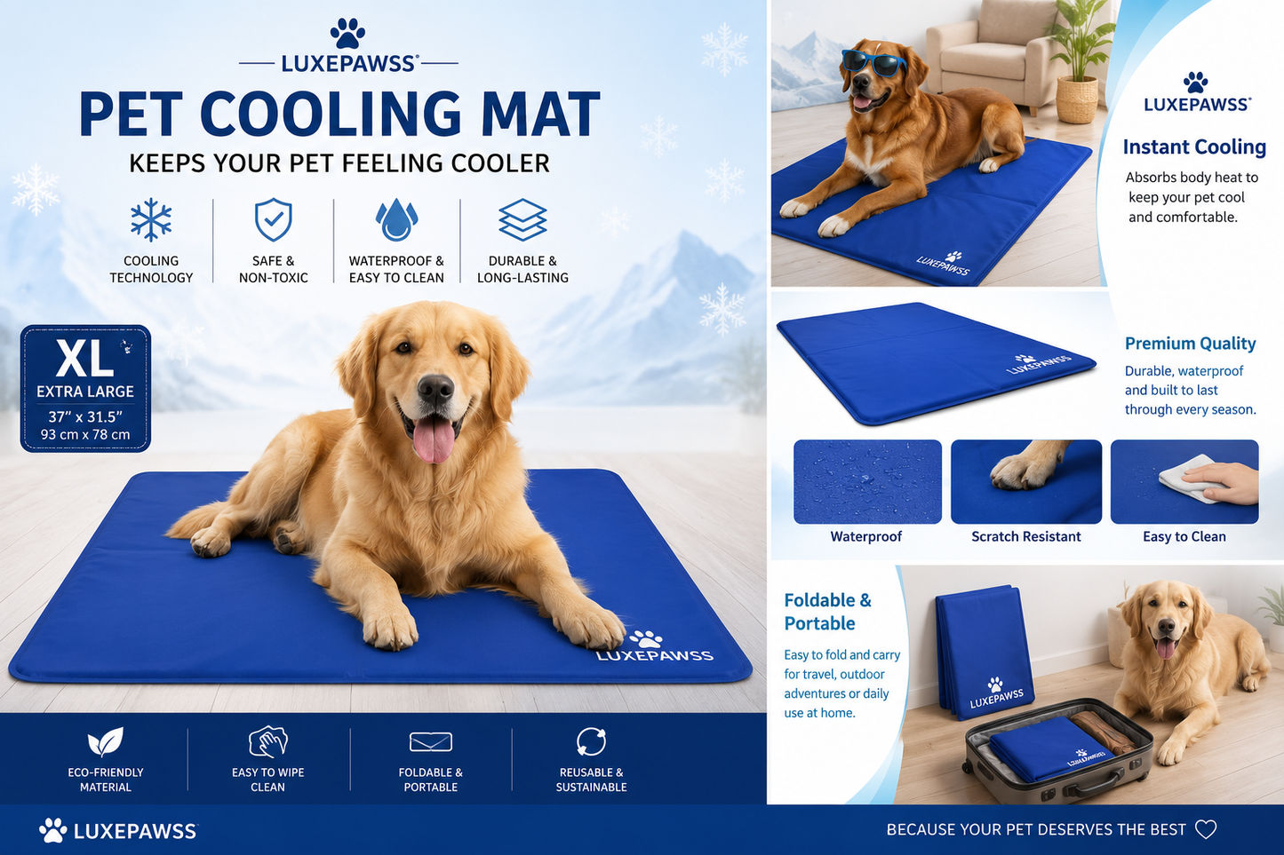 LUXEPAWSS XL Pet Cooling Mat – Waterproof Cooling Pad for Dogs & Cats | Foldable, Durable & Easy to Clean (93 × 78 cm)