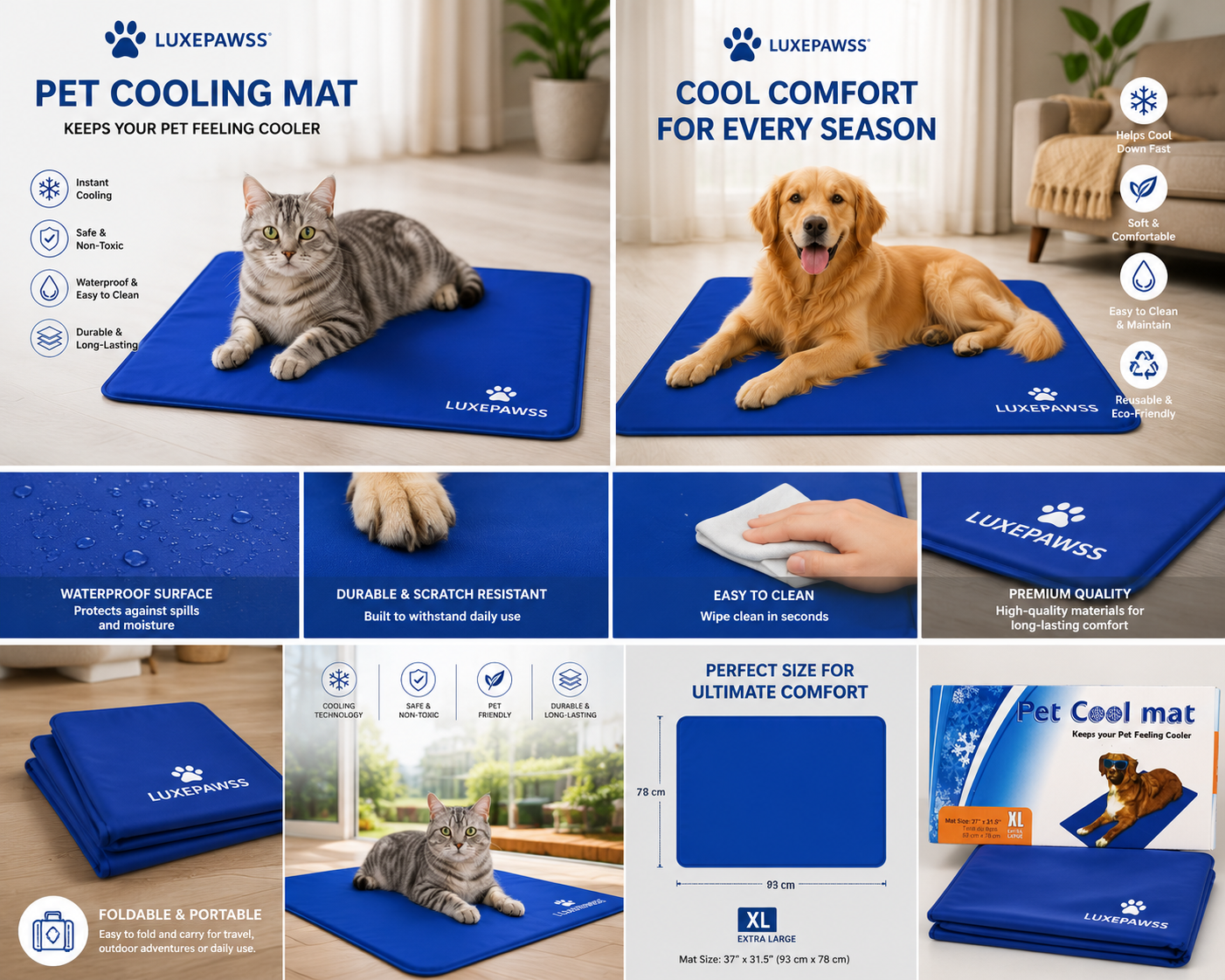 LUXEPAWSS XL Pet Cooling Mat – Waterproof Cooling Pad for Dogs & Cats | Foldable, Durable & Easy to Clean (93 × 78 cm)